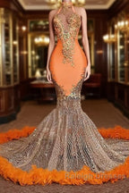 Chic Orange Long Mermaid Halter Sleeveless Tulle Prom Dress