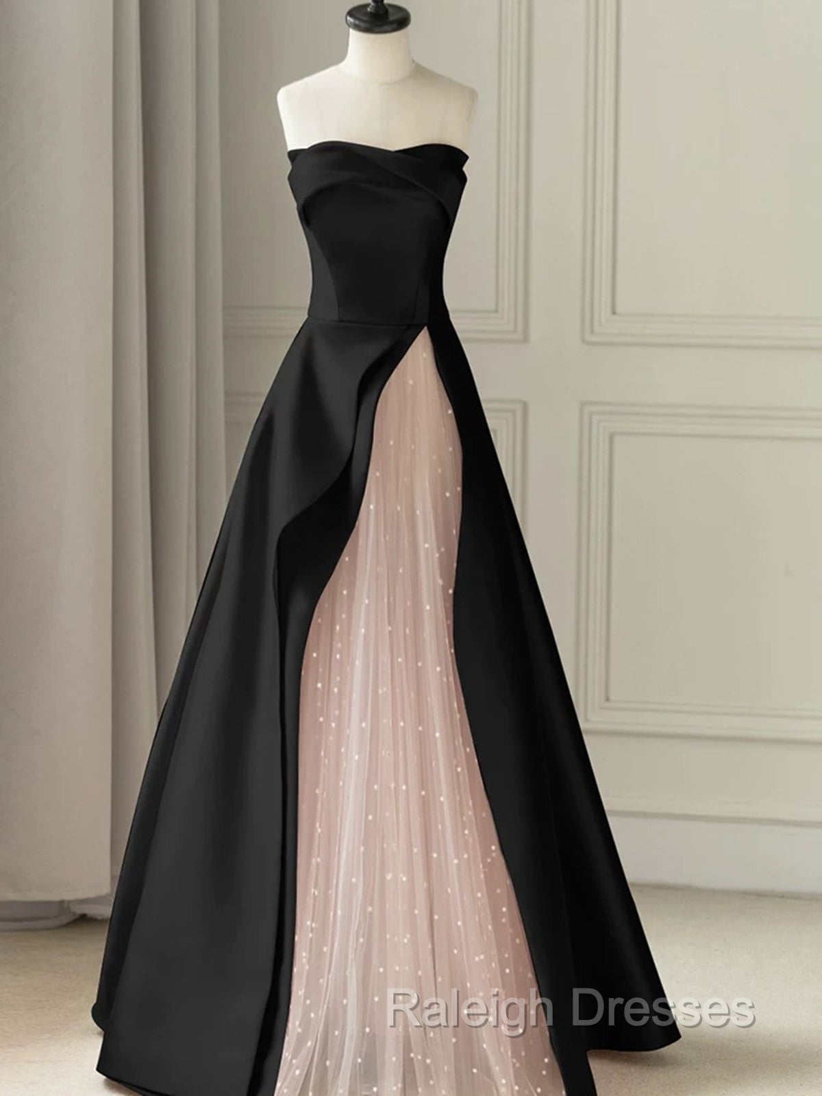 Chic Pink and Black Satin with Tulle Prom Dress, A-line Long Party Dress Secondary image