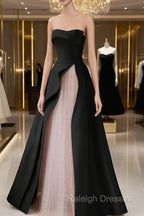 Chic Pink and Black Satin with Tulle Prom Dress, A-line Long Party Dress