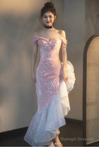 Chic Pink High Low Mermaid Off Shoulder Prom Dresses Pink Homecoming Dresses