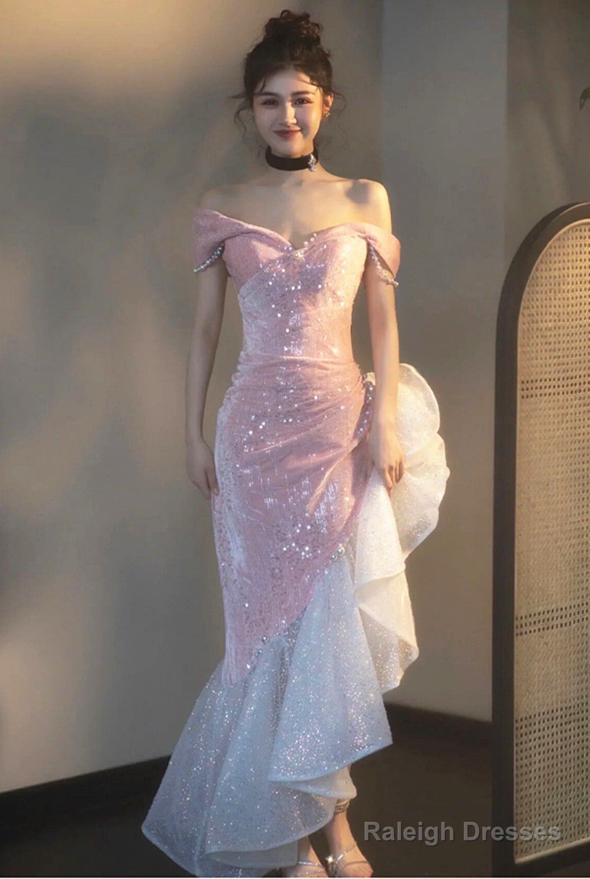 Chic Pink High Low Mermaid Off Shoulder Prom Dresses Pink Homecoming Dresses