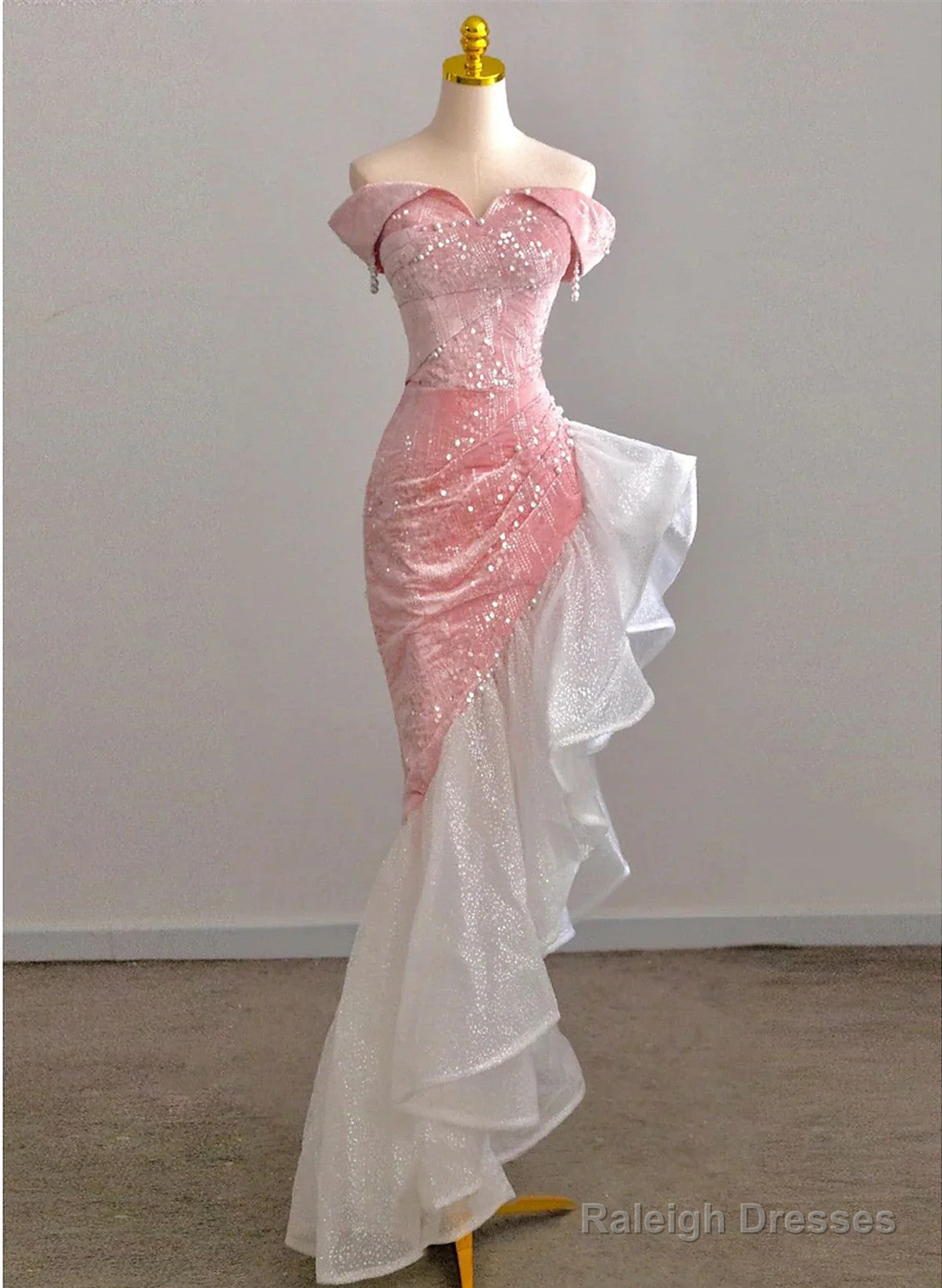 Chic Pink High Low Mermaid Off Shoulder Prom Dress, Pink Homecoming Dress