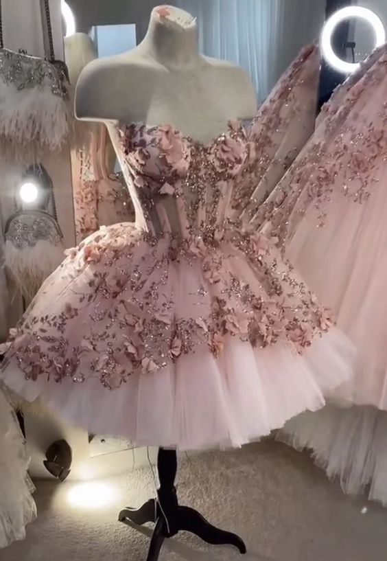 Chic Pink Prom Dress Hand Made Flowers 18Th Birthday Outfits