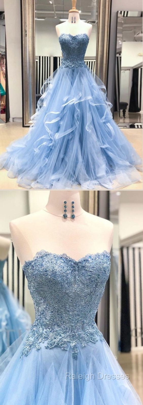 Chic Prom Dress Sweetheart Sky Blue Ruffles Aline Lace Prom Dresses