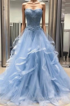 Chic Prom Dresses Sweetheart Sky Blue Ruffles Aline Lace Prom Dress