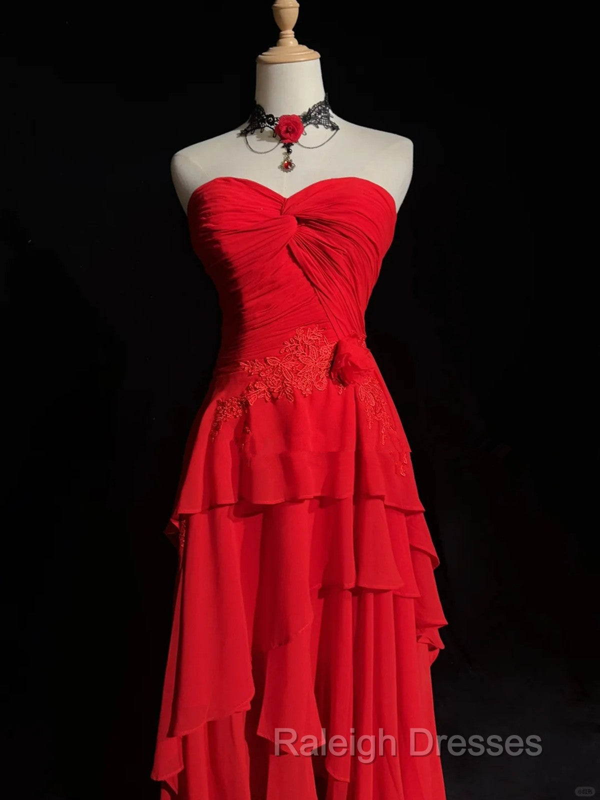 Chic Red High Low Chiffon Wedding Party Dress, Red Layers Long Formal Dress Secondary image