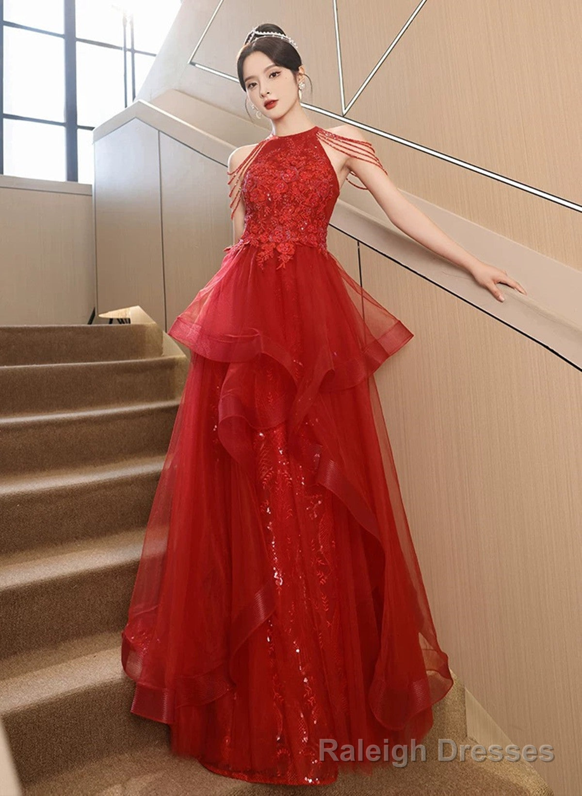 Chic Red Tulle Halter A-Line Long Evening Dress, Tulle Prom Dress Party Dress Main image