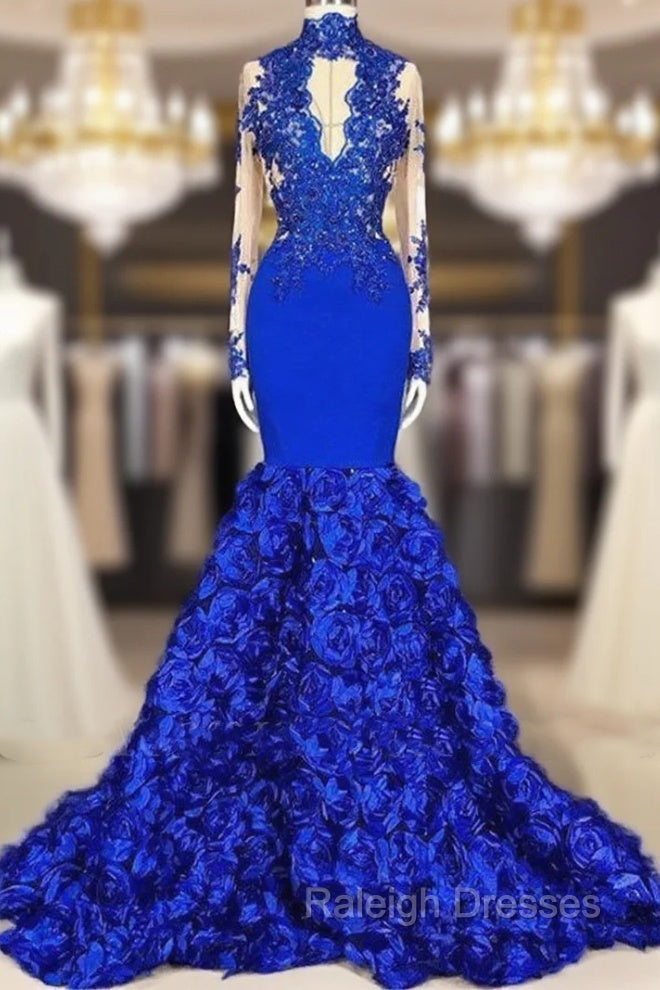Chic Royal Blue Keyhole Flowers Train High neck Mermaid Prom Party Gowns Main image