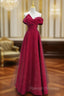 Chic Satin Long Party Dress Prom Dress, A-line Red Off Shoulder Evening Dress