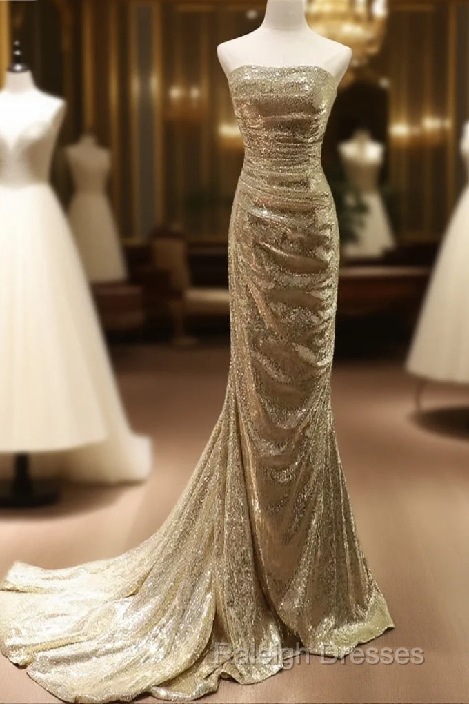 Chic Sequins Mermaid Scoop Long Formal Dress, Gold Long Prom Dress Party Dress