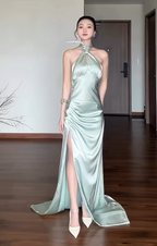 Chic Sheath Green Wedding Guest Dress Satin Halter Long Prom Dress