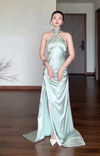 Chic Sheath Green Wedding Guest Dress Satin Halter Long Prom Dress