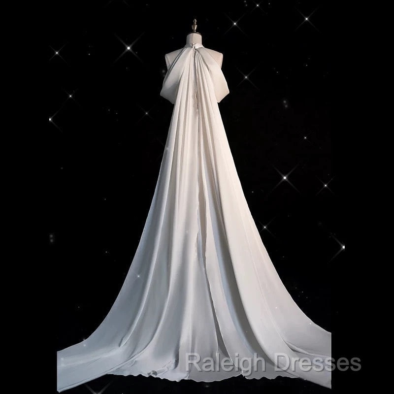 Chic Sheath High neckline Sleeveless Ivory Satin Long Wedding Dresses With Train Secondary image