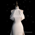 Chic Sheath High neckline Sleeveless Ivory Satin Long Wedding Dresses With Train