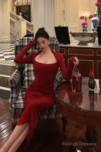 Chic Sheath Long Sleeves Red Prom Dresses Sexy Birthday Outfits