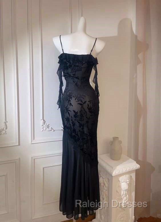 Chic Sheath Spaghetti Straps Black Prom Dresses Long Prom Dress