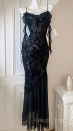 Chic Sheath Spaghetti Straps Black Prom Dresses Long Prom Dress