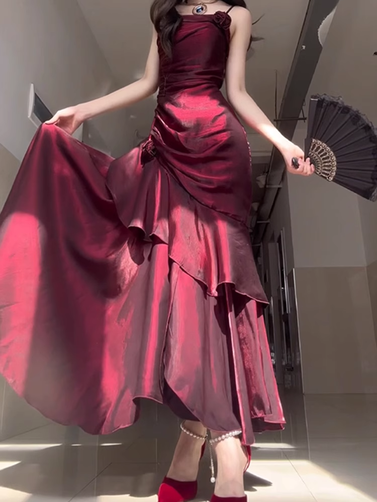 Chic Sheath Spaghetti Straps Burgundy Long Prom Dress Birthday Outfits