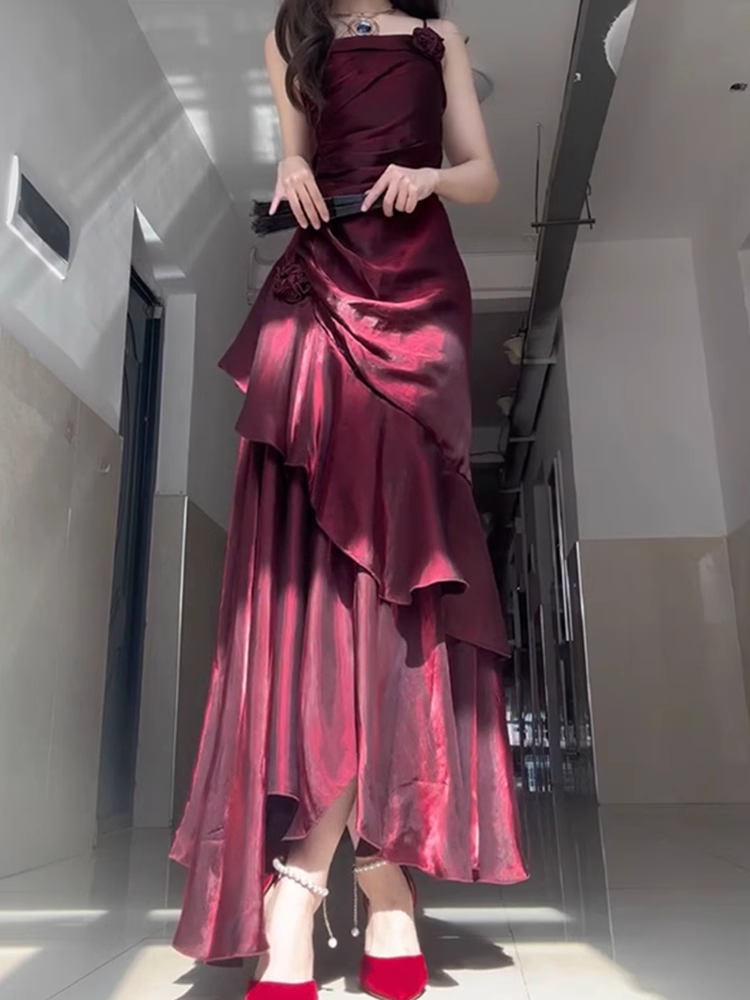 Chic Sheath Spaghetti Straps Burgundy Long Prom Dress Birthday Outfits