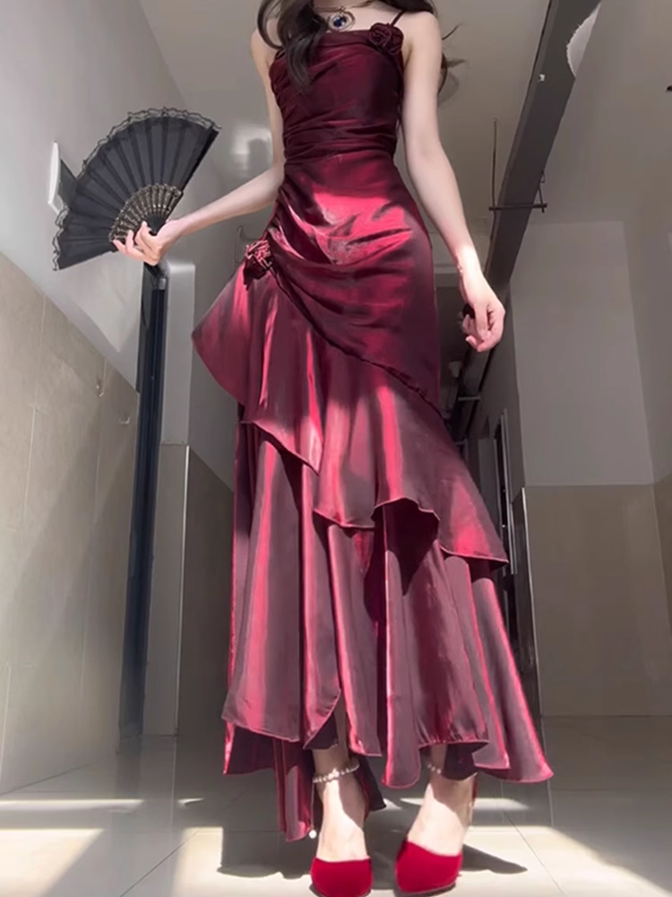Chic Sheath Spaghetti Straps Burgundy Long Prom Dress Birthday Outfits