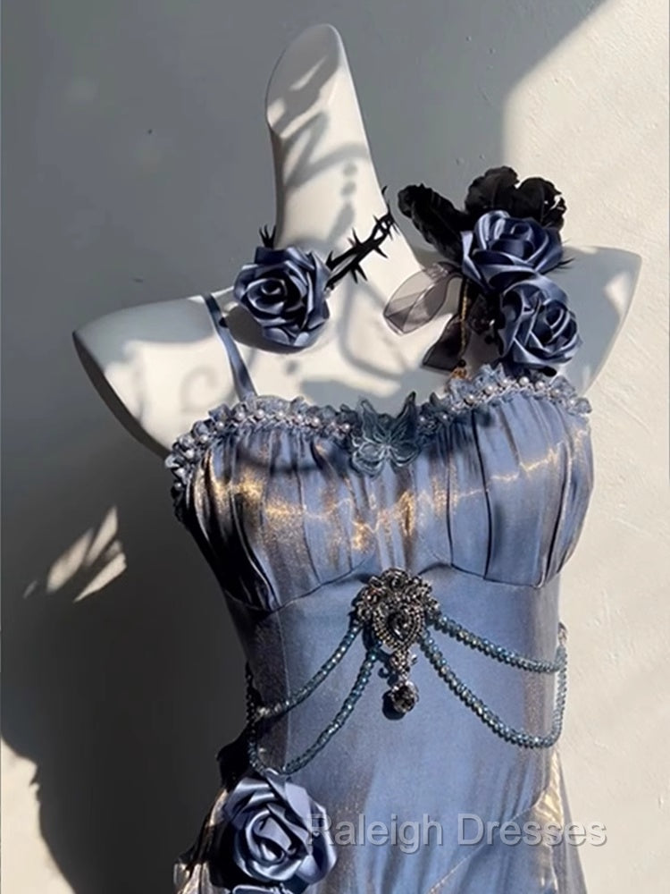 Chic Sheath Spaghetti Straps Floral Blue Long Party Dresses Birthday Outfits With Sleeves Secondary image