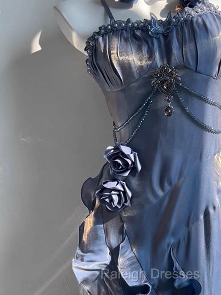 Chic Sheath Spaghetti Straps Floral Blue Long Party Dresses Birthday Outfits With Sleeves