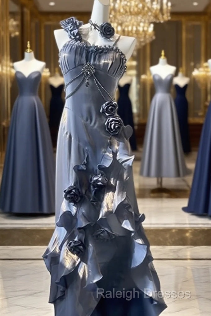 Chic Sheath Spaghetti Straps Floral Blue Long Party Dresses Birthday Outfits With Sleeves Main image