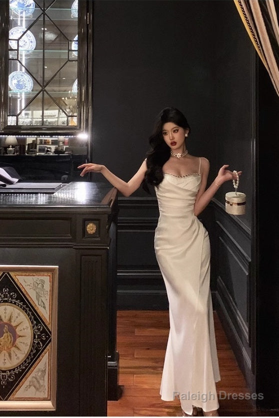 Chic Sheath Spaghetti Straps Long White Prom Dresses Birthday Outfits