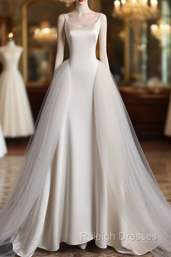 Chic Sheath Spaghetti Straps Sleeveless White Satin Wedding Dresses With Ruffles Main image
