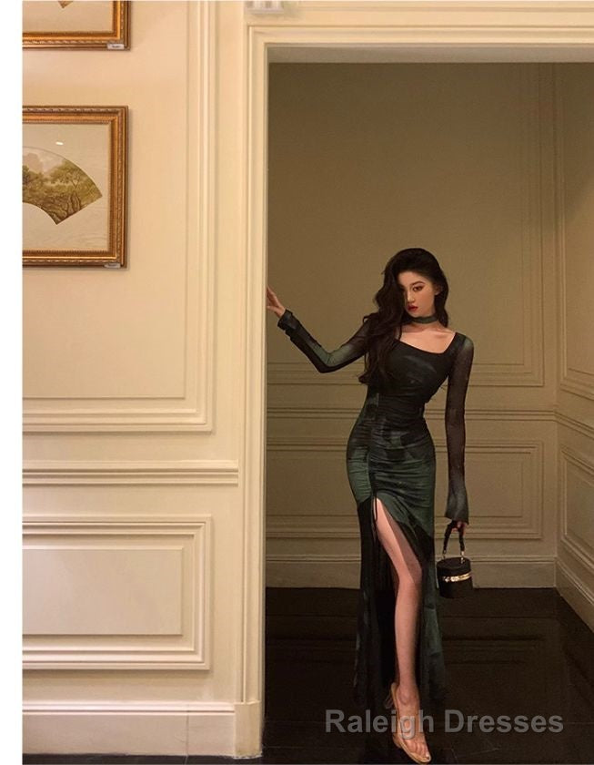 Chic Sheath Square Neckline Long Sleeves Green Long Prom Dresses Birthday Dress Secondary image