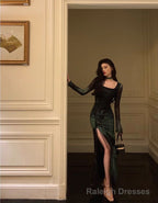 Chic Sheath Square Neckline Long Sleeves Green Long Prom Dresses Birthday Dress