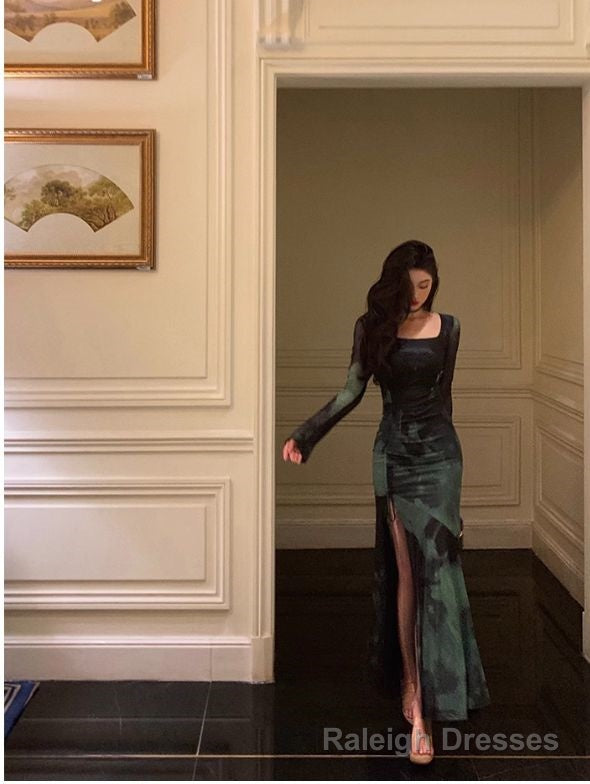 Chic Sheath Square Neckline Long Sleeves Green Long Prom Dresses Birthday Dress Main image