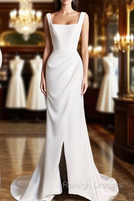 Chic Sheath Square Neckline Sleeveless White Satin Slit Wedding Dresses With Ruffles