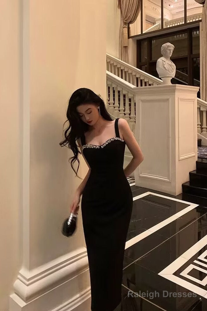 Chic Sheath Straps Black Satin Prom Dresses With Beads Birthday Dress