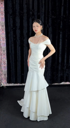 Chic Mermaid White Bridal Shower Dress Chiffon Off-Shoulder Long Prom Dress