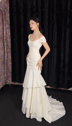 Chic Mermaid White Bridal Shower Dress Chiffon Off-Shoulder Long Prom Dress