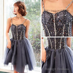 Chic Tulle Beaded Straps Knee Length Homecoming Dress Prom Dress, Short Formal Dress