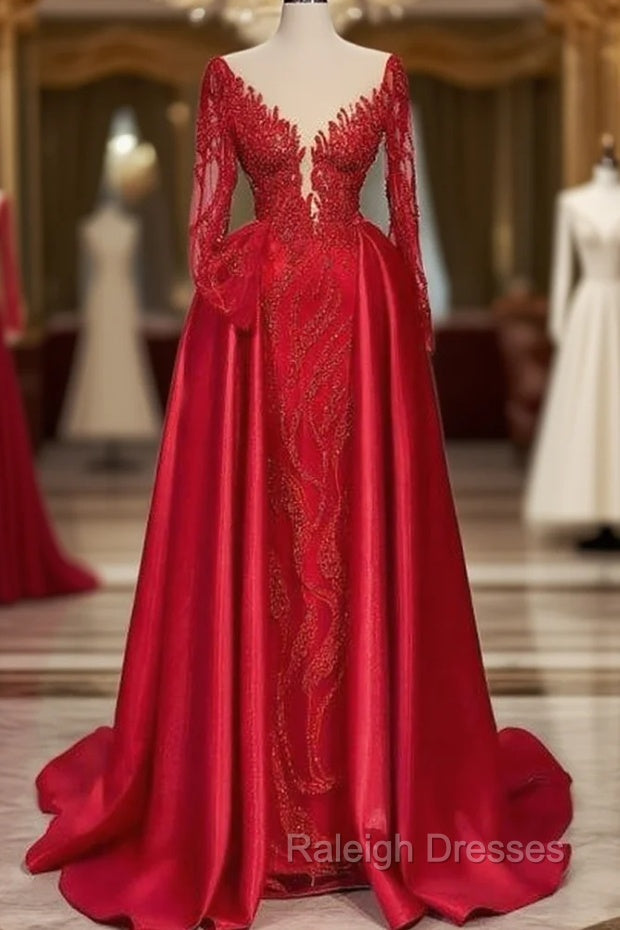 Chic V Neck Lace Prom Dresses Prom Gowns With Long Sleeves