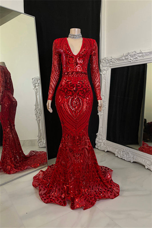 Chic V-Neck Long Sleeves Mermaid Prom Dresses Sheath Long With Zipper Main image