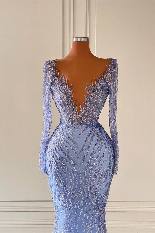 Chic V-Neck Long Sleeves Mermaid Prom Dresses With Beads