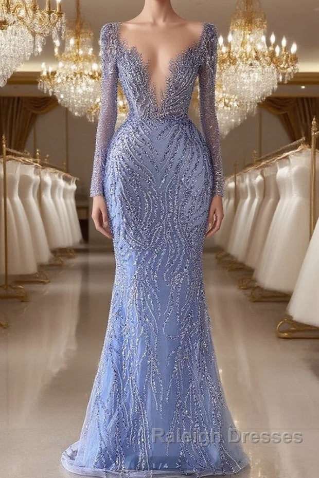 Chic V-Neck Long Sleeves Mermaid Prom Dresses with Beads