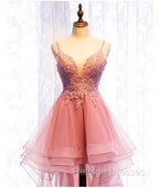 Chic V-neckline Lace Applique Tulle High Low Straps Homecoming Dress, Tulle Short Prom Dress