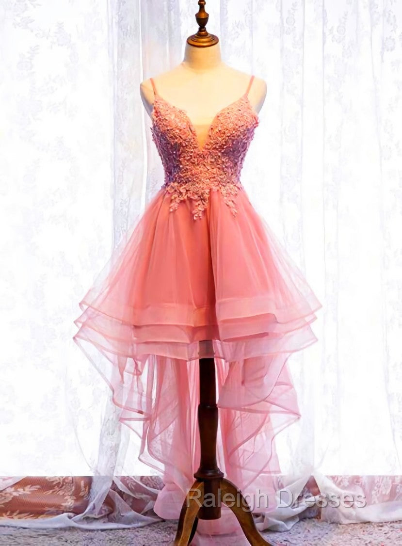 Chic V Neckline Lace Applique Tulle High Low Straps Homecoming Dress, Tulle Short Prom Dress
