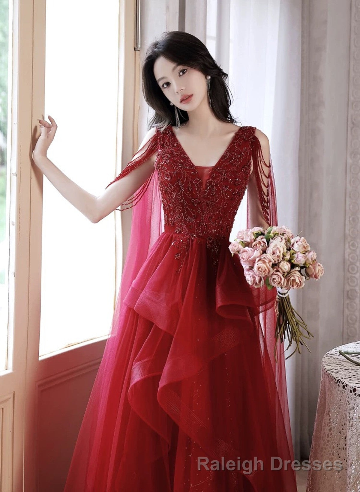 Chic V-neckline Tulle Floor Length Party Dress, Wine Red Tulle Prom Dress Secondary image