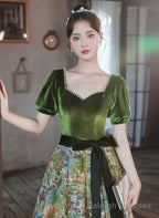 Chic Velvet Floral Short Sleeves Long Prom Dress, Green Sweetheart Prom Dress