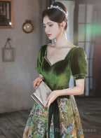 Chic Velvet Floral Short Sleeves Long Prom Dress, Green Sweetheart Prom Dress
