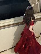 Chic Wine Red Off Shoulder Satin Layers Long Prom Dresses Wine Red V-Neckline Prom Dresses