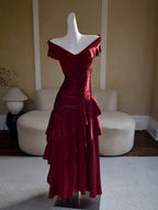 Chic Wine Red Off Shoulder Satin Layers Long Prom Dress, Wine Red V-Neckline Evening Dress
