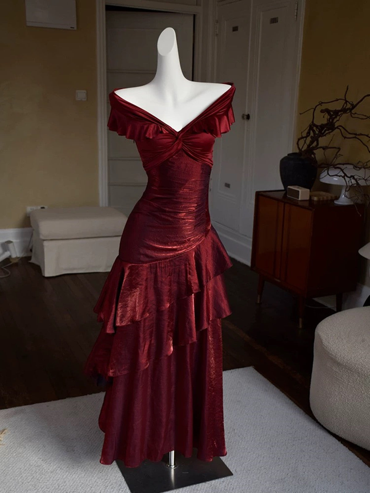 Chic Wine Red Off Shoulder Satin Layers Long Prom Dress, Wine Red V-Neckline Evening Dress