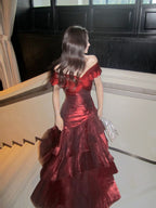 Chic Wine Red Off Shoulder Satin Layers Long Prom Dress, Wine Red V-Neckline Evening Dress